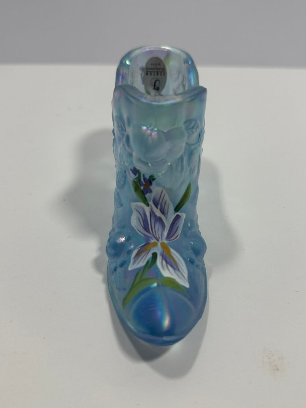 Fenton Art Glass Blue Iridescent Boot Hand Painted Floral Decor